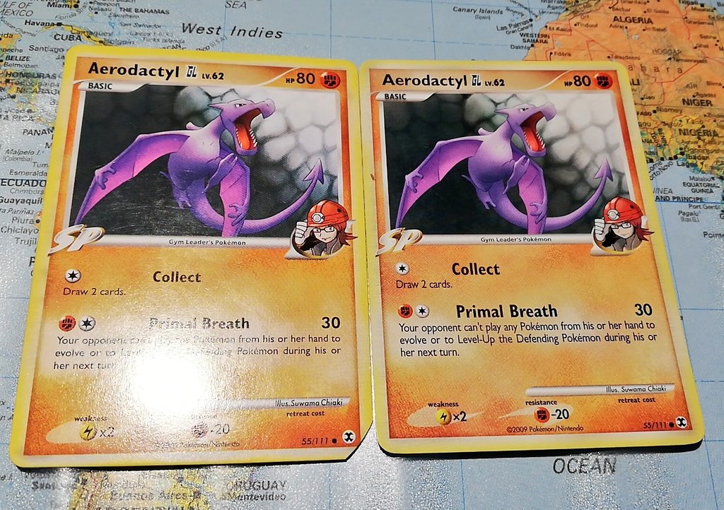 CurlyMarimoo's tweet image. Any pokemon card experts out there who knows fake pokemon cards and their flaws to know if their are fake? I'm sorting through my collection and I'm stuck on an Aerodactyl 55/111 the left one if fake, but I can't tell if the right one is? #Pokemon #pokemonhelp #PokemonCards