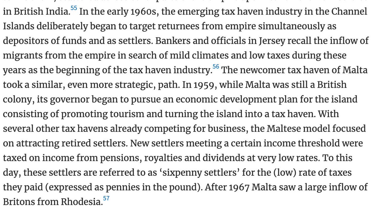 Two other tax havens within the British fold, the Channel Islands and Malta, began to successfully offer themselves up not just as havens for the funds of imperial returnees, but as settlement destinations for retired colonial dwellers themselves.  #twitterstorians