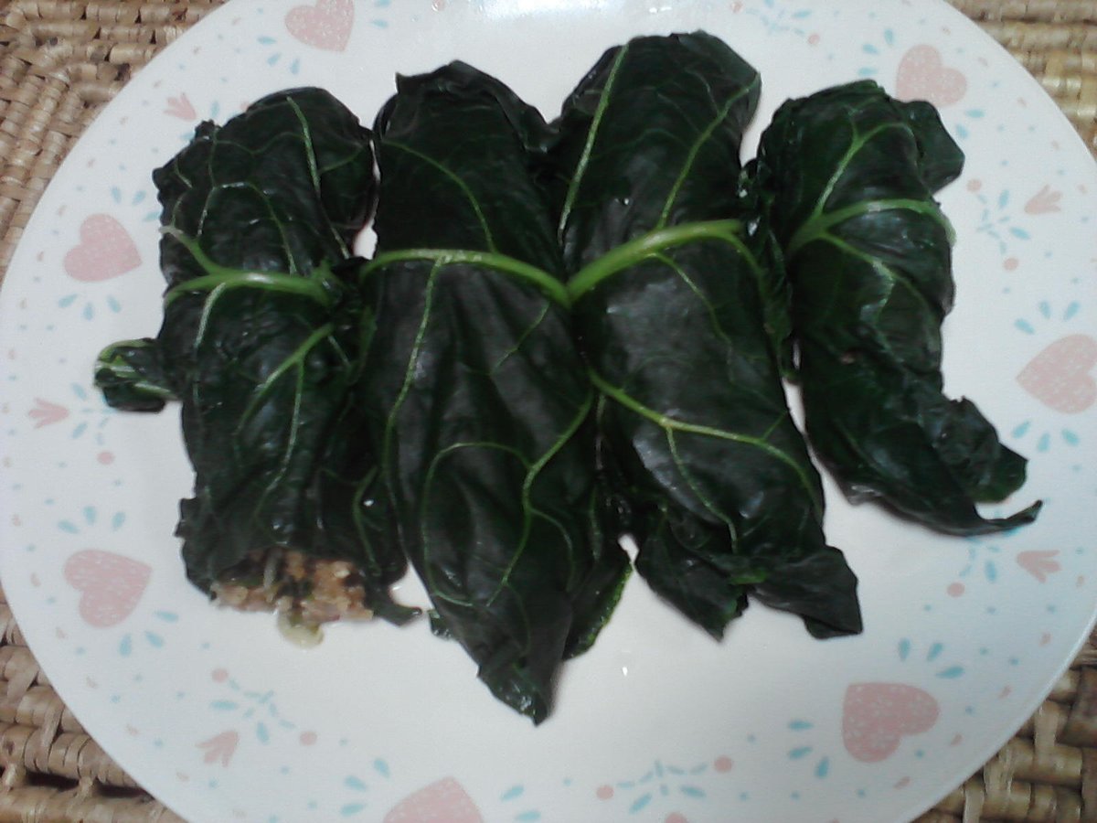 147) Lunch(!) lol. I learned of Collard Green wraps online, so, I cut 4 big leaves from my month-old plant & made my version of 'em. They were good!I just threw in a bunch of stuff I already had: fried rice; previously sautéed  #Aerogarden greens, cabbage & mushrooms; sausage...