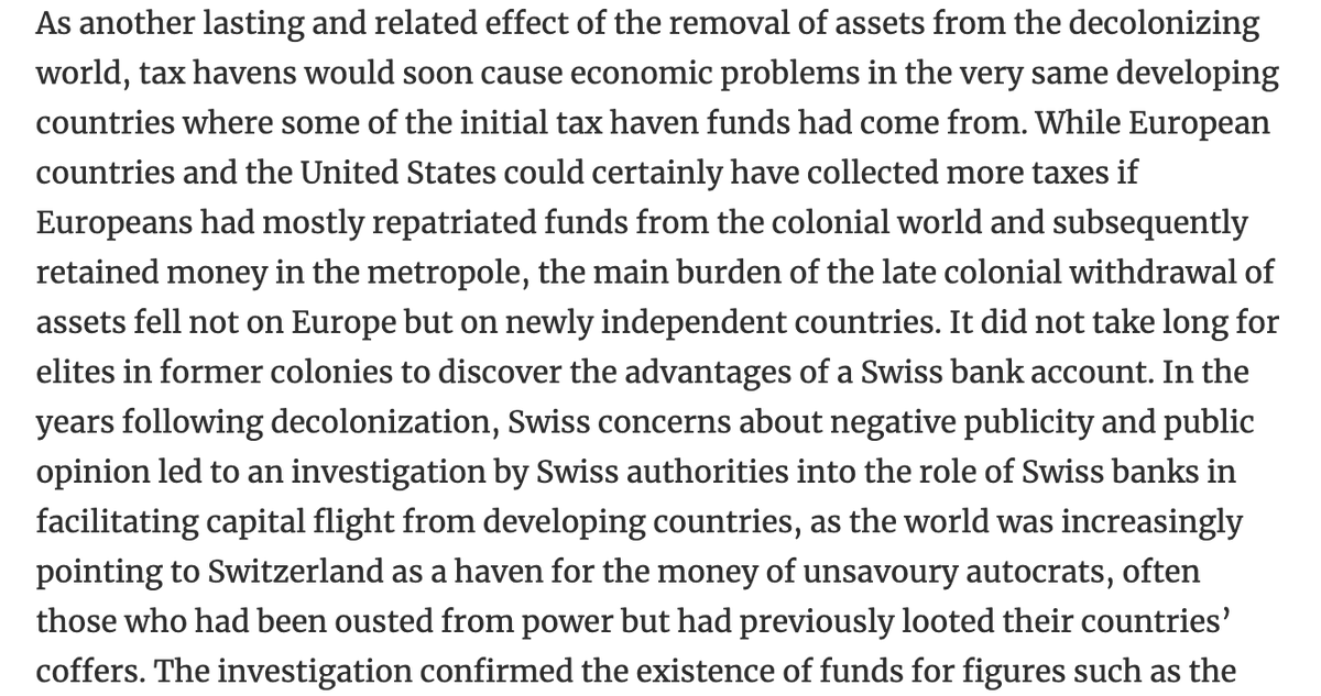 What were the consequences of these early money movements out of colonies into tax havens, other than contributing to the expansion of  #offshore? Local elites in newly independent countries would soon discover the advantages of a Swiss bank account for themselves