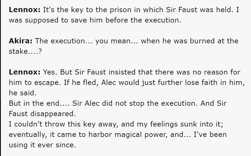 in prison faust steals the key to save her from her execution, but she refuses bc her idea of prison is actually deep guilt. which is funny, and by funny i mean i'm gonna start crying, bc this actually flips mhyk!faust story by making him margarete & making leno legend!faust