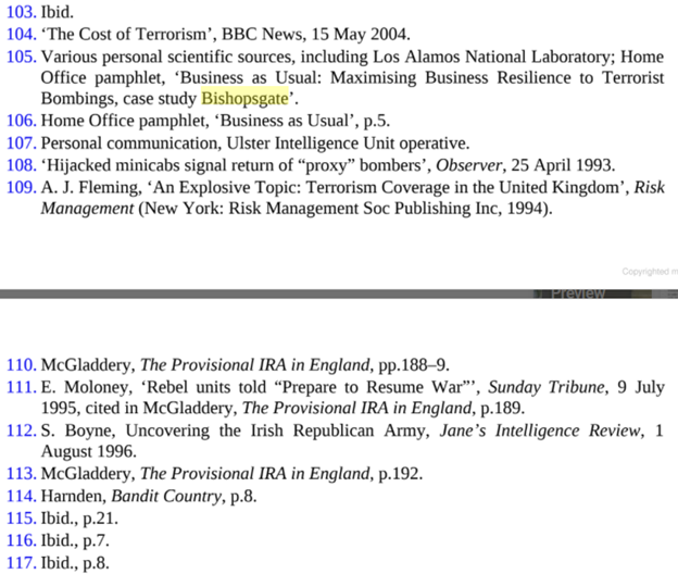 For this OUTRAGEOUS statement, Oppenheimer's endnote cites "Various personal scientific sources" but only mentions by name LANL & Home Office pamphlet, ‘Business as Usual: Maximizing Business Resilience to Terrorist Bombings, case study Bishopsgate’22/