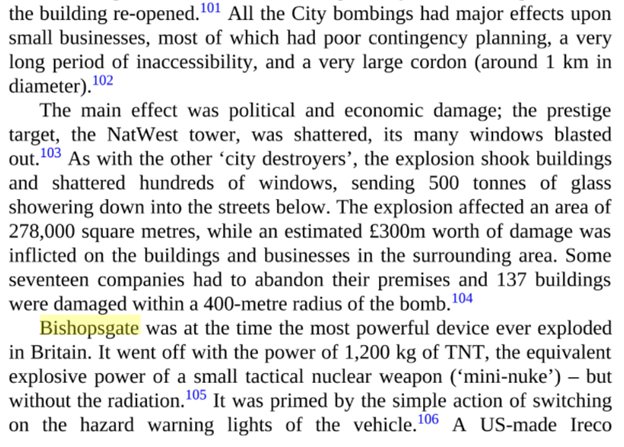 Huh? ANFO more powerful than TNT? But Oppenheimer then does something INSANE transforming his 1,200 kg TNT equiv ANFO bomb into "Bishopsgate - A 1-Kiloton Bomb" "the equivalent explosive power of a small tactical nuclear weapon (‘mini-nuke’) – but without the radiation”!21/