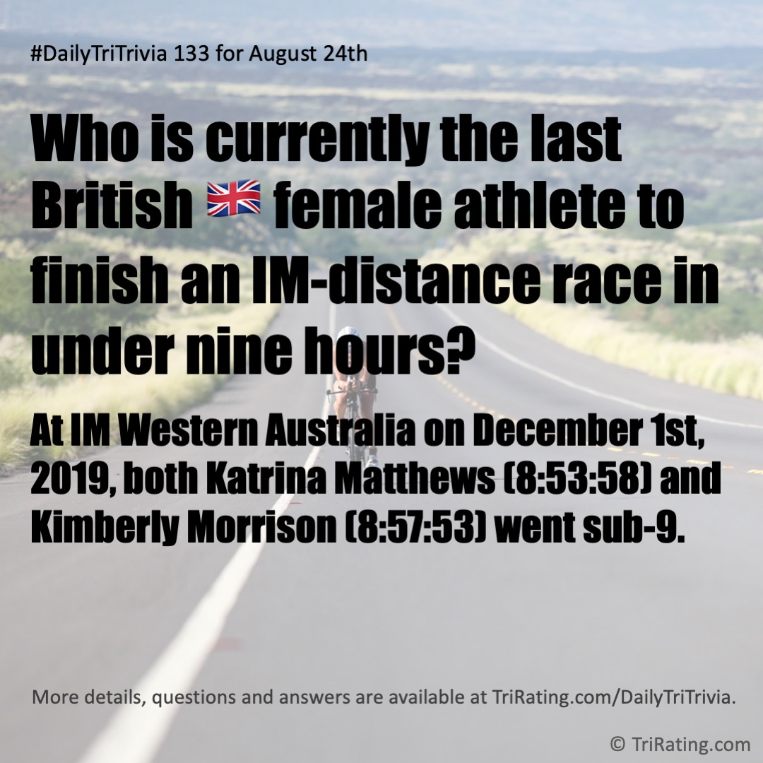 TriRating's tweet photo. Fast British ladies for this #DailyTriTrivia:
.
Q. Who is currently the last British ๐ฌ๐ง female athlete to finish an IM-distance race in under nine hours?
.
A. At IM Western Australia on December 1st, 2019, both @Katrina__Rye (8:53:58) and @TriathlonKim (8:57:53) went sub-9. https://t.co/eDr5F3SmeW
