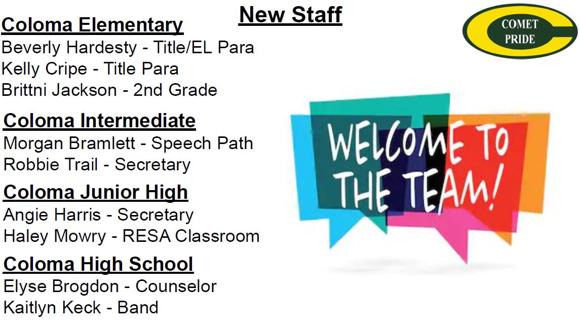 I would like to welcome our new staff members to the Coloma Community Schools team!  Mrs. Jackson and Mrs. Trail are not new to the district, just new to their positions!  We are excited to have you on our bus!!! #CometPride