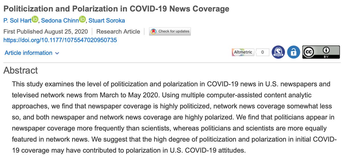 Published online today! Sol Hart @s_soroka and I measured politicization and polarization in early #COVID19 newspaper and network news coverage using #textasdata tools from @so_proksch @jbslapin & @kenbenoit #quanteda journals.sagepub.com/doi/full/10.11…