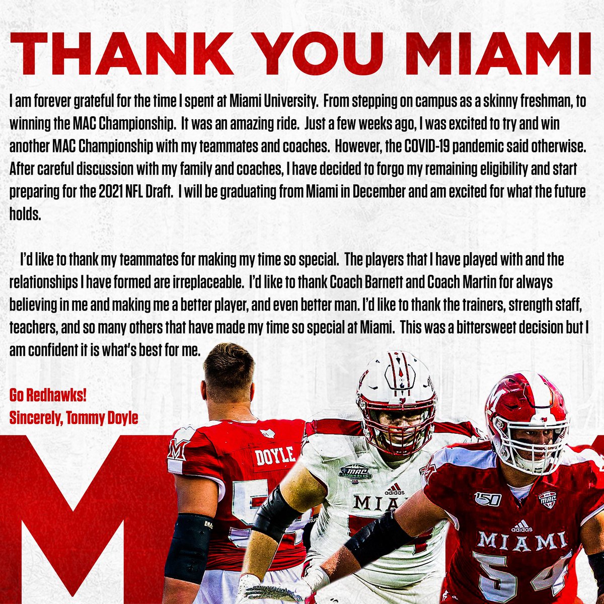 freestylefalcon's tweet photo. Bittersweet.  Thank you @MiamiOHFootball 🖤❤️ https://t.co/zhy26uDB9V