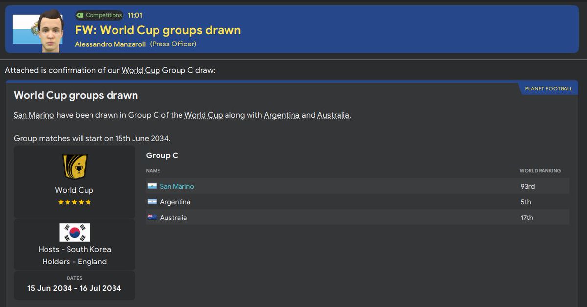 A tough draw for San Marino's first ever appearance at the World Cup. Australia were the highest ranked team in the 2nd pot and their star player is far better than anyone that we have. Still, qualifying was the objective this time and anything more is a bonus...  #FM20