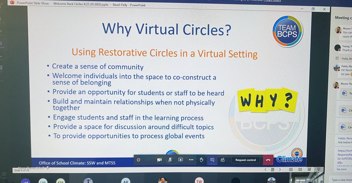 NYounger3's tweet photo. Kudos to my SSW colleague Liz Pedrosa-Boyce & MTSS Resource teacher @emoorethames for an informative workshop on using Virtual circles to welcome back students & staff! ⭐️ #restorativepractices #SEL #engagingpractices @BCPS_SSW @WVUTRICIA @Pdavis5Davis https://t.co/15uvZ821ZT