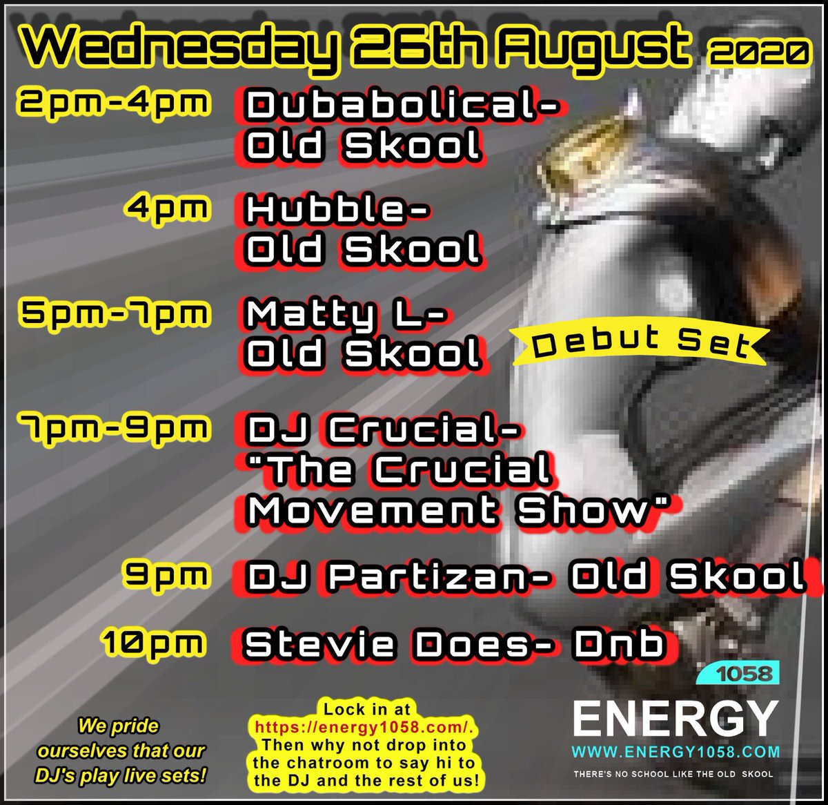 energy1058's tweet photo. ⚠️ #Energy1058 rockin’ yer Wednesday 
1️⃣4️⃣:0️⃣0️⃣ LIVE onwards 
KEEP IT LOCKED we’ve some ACE selekta’s keep you company through the day 
come join us 👋🏽 
•
https://t.co/DrOuHZeju2🏴‍☠️
•
@dubab0lical @matt_tditd31 #welcome #debutset @djcrucialuk @stevie_does #oldskooltunes https://t.co/DRUyjrEHif