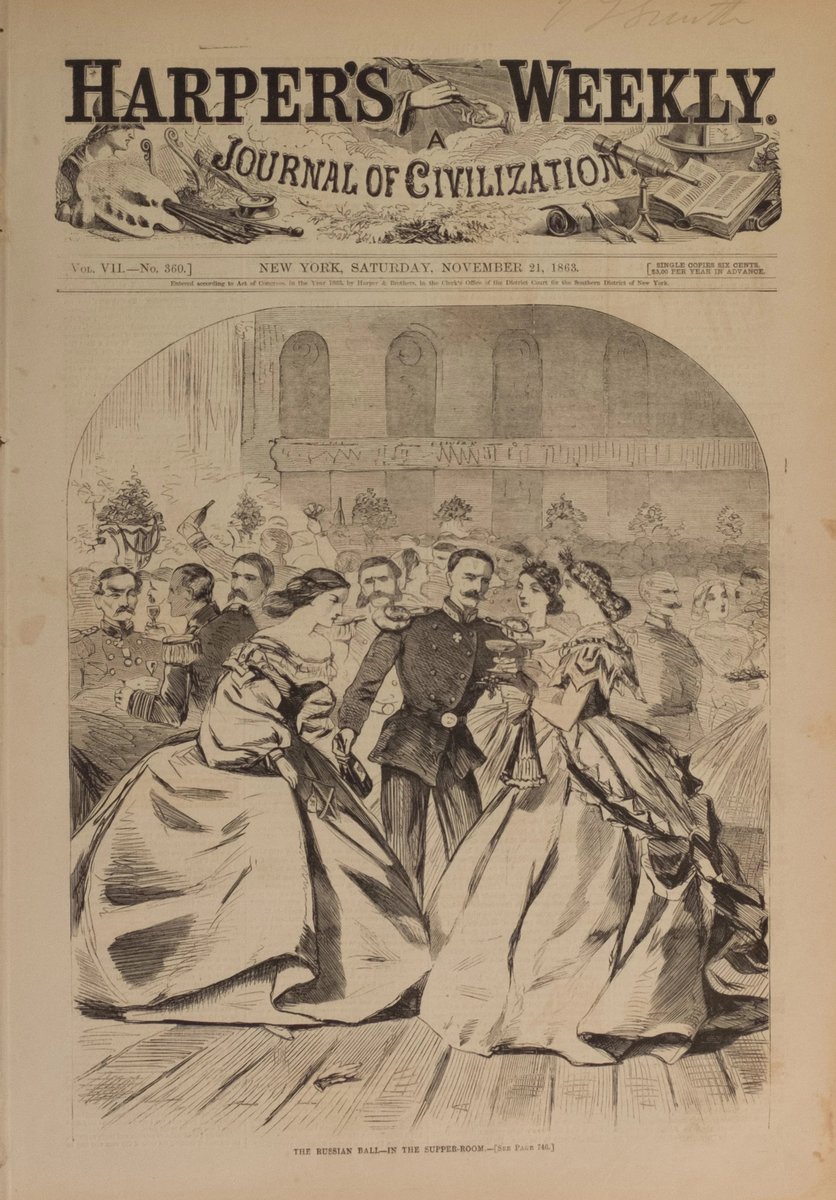 "These vessels are to be reinforced by four or five others in a few days. Great festivities have taken place between the officers and the leader of New York society." Shown below: cover of Harper's Weekly, New York, November 21, 1863.