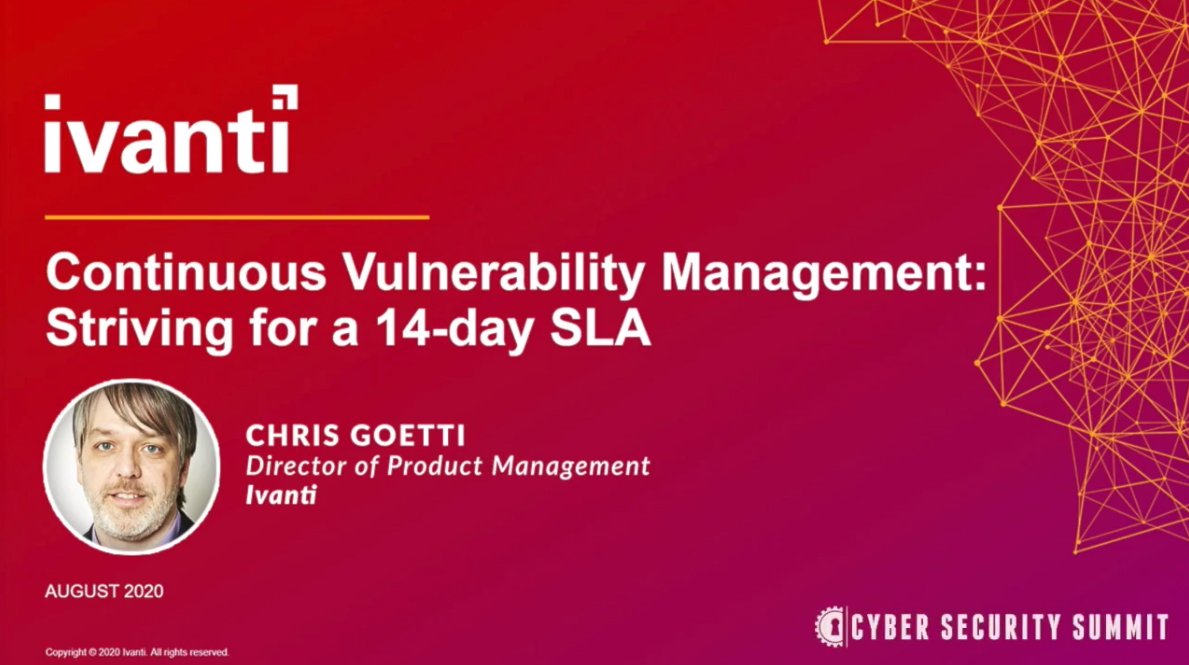 CyberSummitUSA's tweet photo. Chris Goettl, Director of Product Management at @GoIvanti presented: Continuous Vulnerability Management – Striving for a 14-Day SLA during the #Philadelphia #VirtualCyberSecuritySummit
Watch Chris and all other speakers on our YouTube channel:
https://t.co/F3DN2KCU5V https://t.co/CjfJFZ5iGg