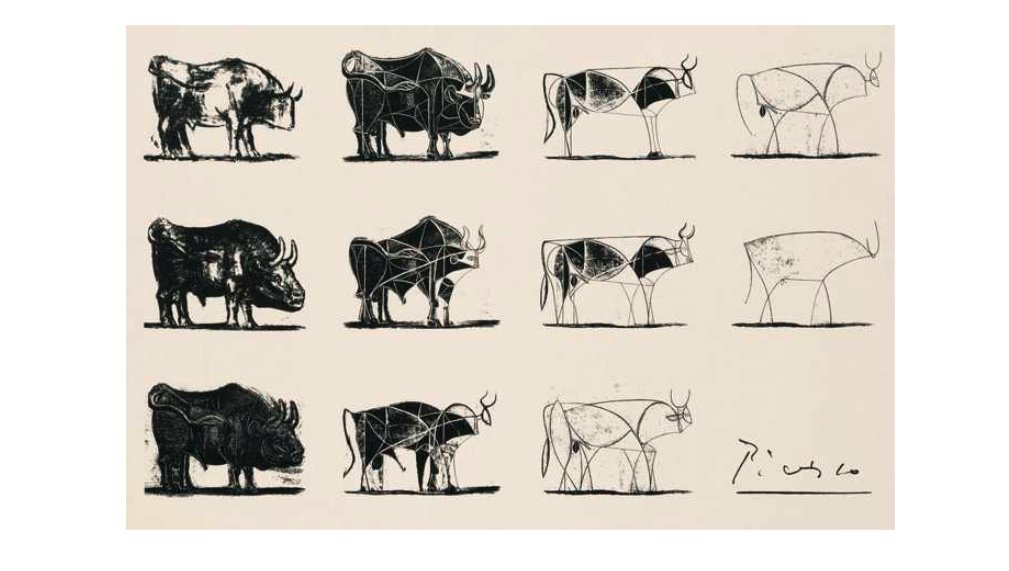 2/ In Dec 1945, Pablo Picasso created "THE BULL", a series of 11 lithographs (stone prints).With each successive print, a bull becomes increasingly simplified and abstract.Picasso's goal was to find "spirit of the beast".At Apple, new employees are taught this philosophy.