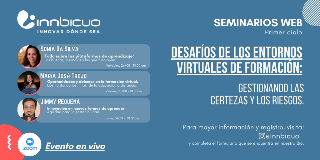 innbicuo's tweet photo. Mañana inicia nuestro ciclo de seminarios web: DESAFÍOS DE LOS ENTORNOS VIRTUALES DE FORMACIÓN Gestionando las certezas y los riesgos.

✅Todo sobre las plataformas de aprendizaje.
✅Oportunidades y abismos en la formación virtual.
✅Innovación en nuevas formas de aprender. https://t.co/6kqa3NJNnA