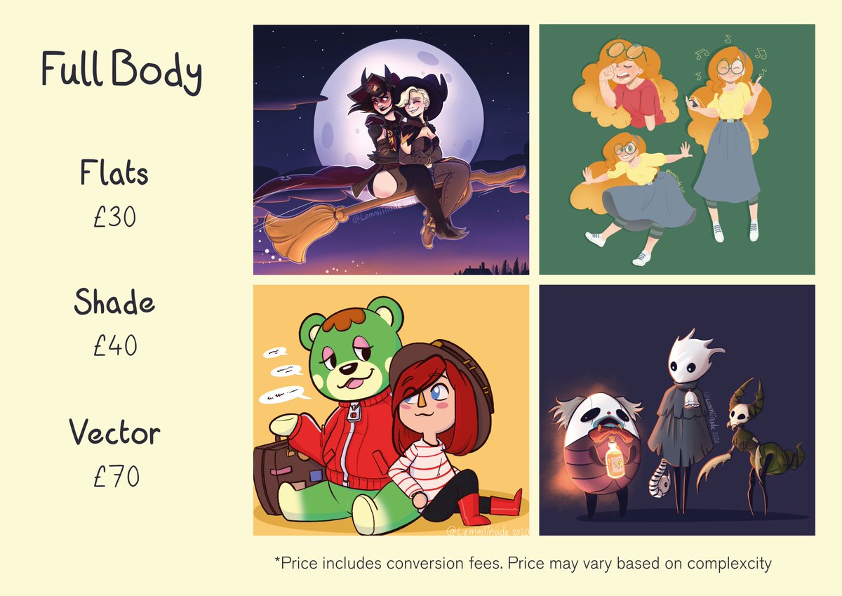 Lemmiinade's tweet photo. I'm finally able to post my commission prices for anyone interested! 

Prices include conversion fees, payments must be made via Paypal. Feel free to email me at Lemmiinade@gmail.com or direct message me! 

Please share and retweet the post I would very much appreciate it! <3 https://t.co/MYpj0jHG77