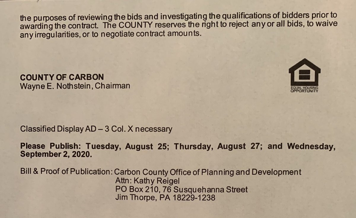 Invitation for Bids, Carbon County, PA