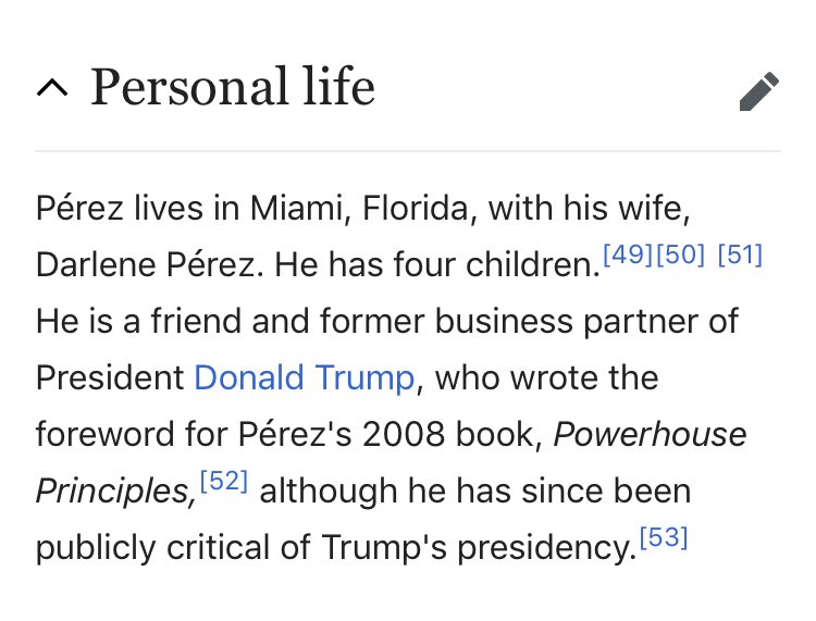 92/ JORGE PEREZReal EstateArgentina born (see Evita thread)“Friend” & former biz partner with  @realDonaldTrump who wrote the foreword to Perez’s bookYet JP has been *critical* of POTUS since 2016, which says it allAdvised [BC] on Cuba, fundraiser for Obama & HRC