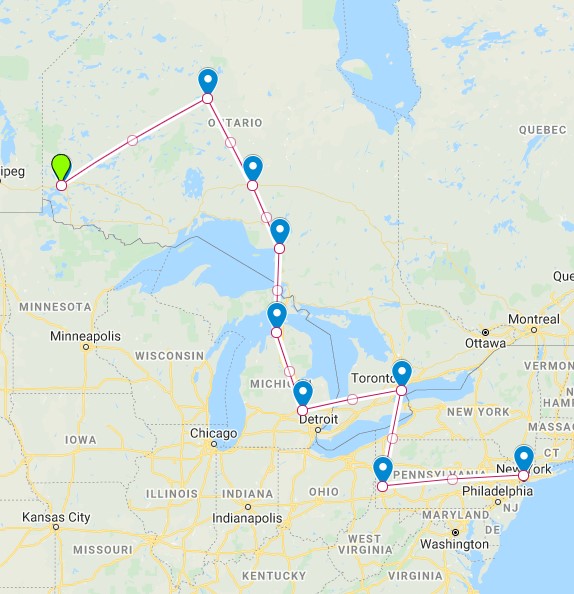 The flight path so far since yesterday. 1,800 miles traveled!