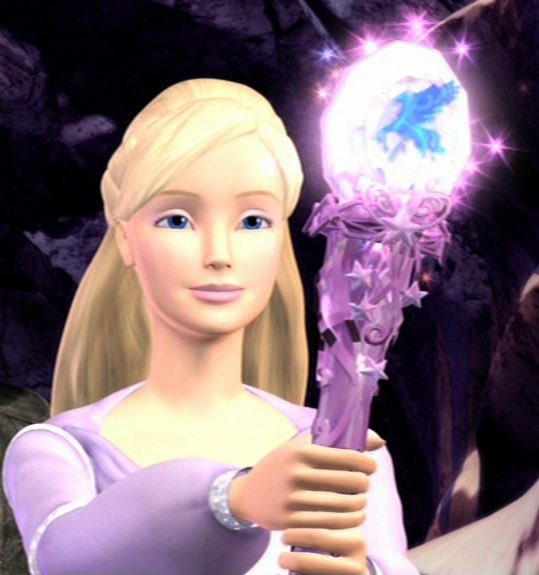 In the “Magic of the Pegasus” the evil villain is a sorcerer who has cursed not only Barbie’s sister into a Pegasus, but also his three wives into goblins. He also has two different colored eyes. Barbie, who’s named Annika in the movie, is her usual blonde, blue eyed self (3/15)