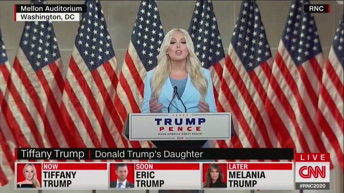 Tiffany Trump is speaking at Donald Trump's RNC, followed by Eric Trump, then Melania Trump. Donald Trump Jr spoke last night.