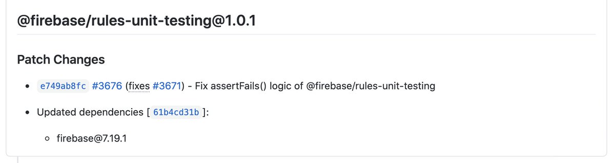 ↓を見ると @firebase/rules-unit-testing@1.0.1 に入るっぽいてことは次のリリースでワイのテストも成功するようになるんやな！ 