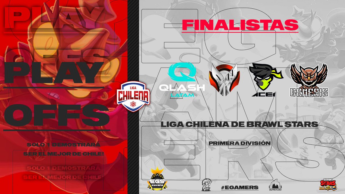 #LigaChilenaBS - Play offs 1a división 🏆

¡Luego de dos intensos meses de competencia estos son los 4 equipos que lucharán por el título de campeón!

<a href="/QLASH_Spain/">QLASH España 🐉</a> 
<a href="/DarkWarriorsBS/">Dark Warriors BS</a> 
<a href="/ACE1gg/">ACE1</a> 
<a href="/Genesis_LATAM/">GENESIS LATAM</a> 

¿Quién es tu favorito? 👀
📅Viernes 28
🕐18:30 🇨🇱