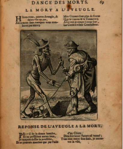 5/nThis 17thc woodcut on the Dance of Death shows a skeletal Death coming for a blind man. Death is shown taking the staff of the blind man & cutting the lead of the little dog accompanying the blind man, who is described as the latter's “Conducteur”.   #DisHist  #NationalDogDay