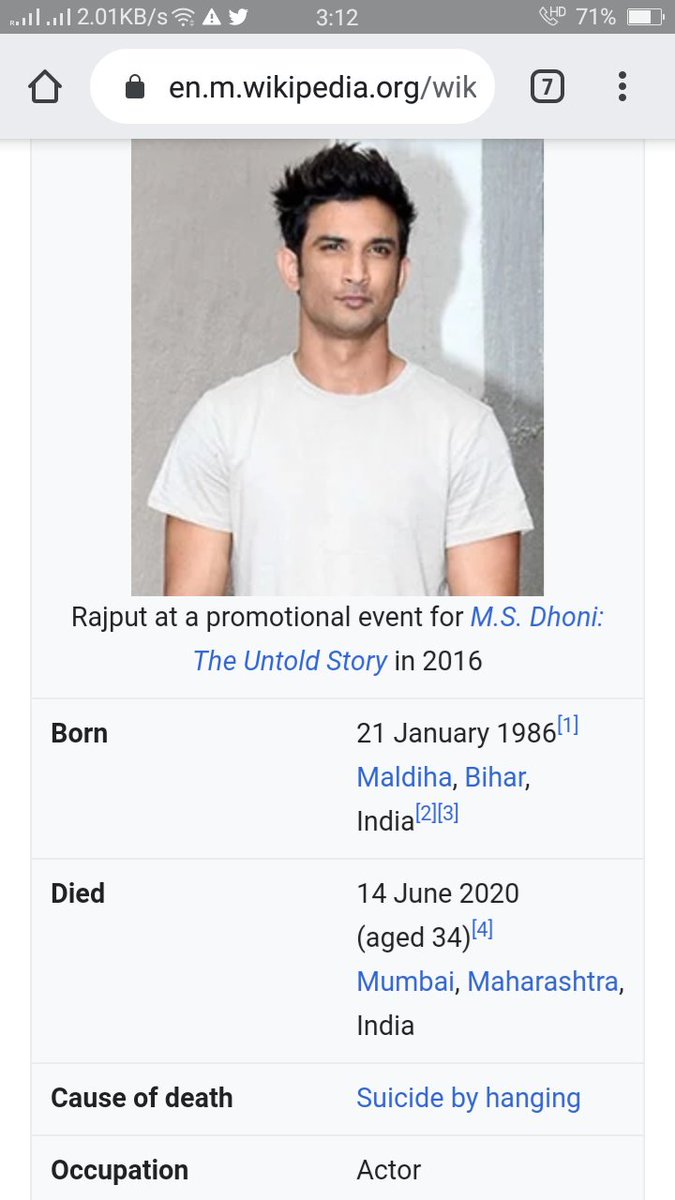 @Wikipedia @Wikimedia @WikiTribune Why is the cause of death for #SushantSinghRajput mentioned as 'suicide by hanging'. His mysterious demise is still being investigated by #CBIforShushant #CBI. Change it immediately 
#JusticeforSushantSingRajput 
#SSRDidntCommitSuicide