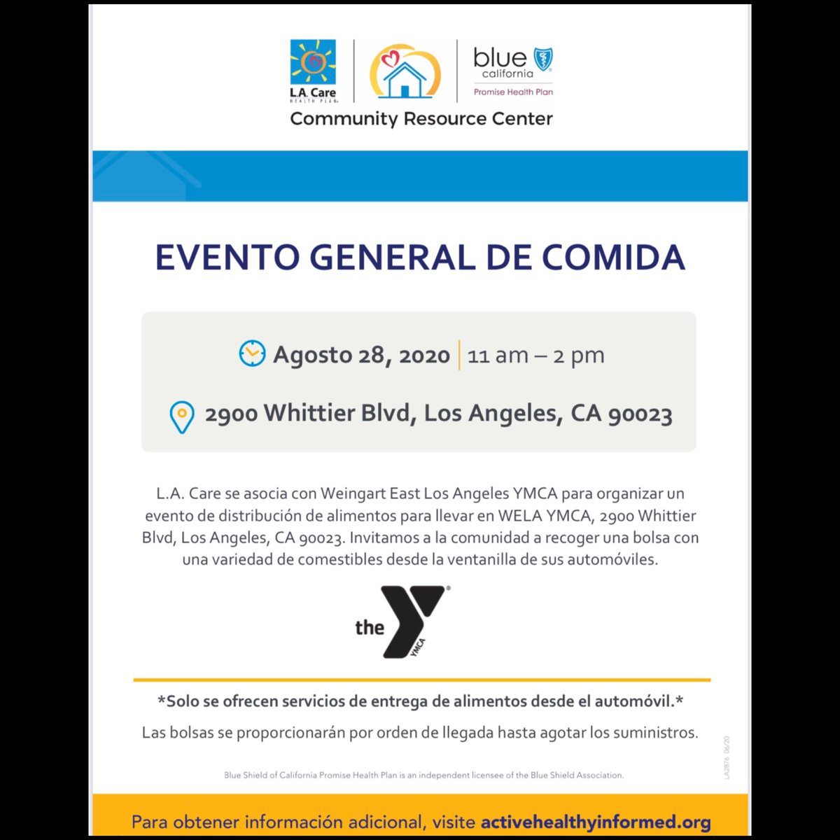 LAPDHollenbeck's tweet photo. L.A Care is partnering with East Los Angeles YMCA to host a drive-thru food distribution event.
Date: Friday, August 28, 2020
Time: 11AM - 2PM
Location: WELA YMCA 2900 Whittier Blvd, 90023
#LAPD #CommunityAndPoliceWorkingTogether #CaptainRickStabile #CaptainSoniaMonico https://t.co/5jG4zkQ60X
