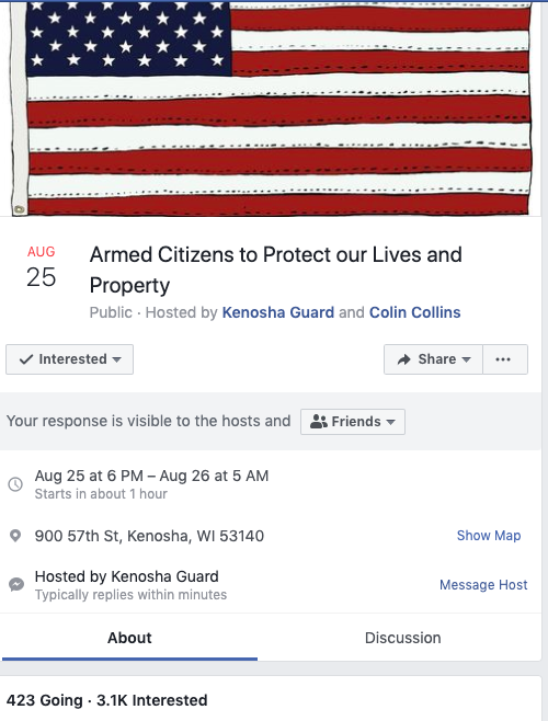 BREAKING: Large-scale riots and looting expected tonight in  #Kenosha, Wisconsin. Citizens have took to Facebook and created groups to organize a civil militia to protect personal property **armed**Hundreds are set to participate in the defense with thousands 'interested'.