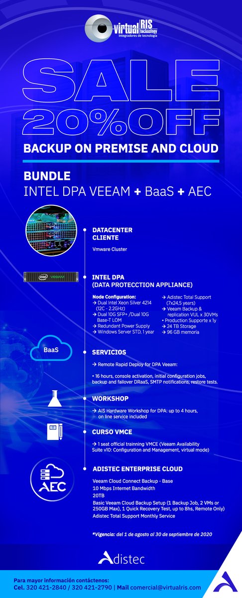 Virtualris lo acompaña en su plan de Recuperación ante desastres, interrupciones o eventualidades que no esperaba. ¡Contáctanos para más información y visita el siguiente enlace:
dsn.marketing.adistec.com/marketing_camp…
Email: comercial@virtualris.com
Celular: 320 421 2790 | 320 421 2840