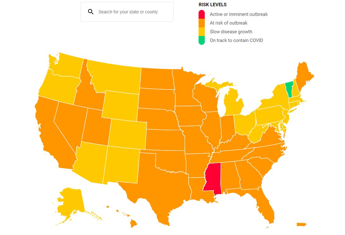 GHS's tweet photo. Right now, only one state in the US🇺🇸, Vermont, is on track to contain #COVID19. 

Data as of 25 Aug 2020 via @CovidActNow ⬇

https://t.co/SSE47rgdUS https://t.co/9t0CulTWHu