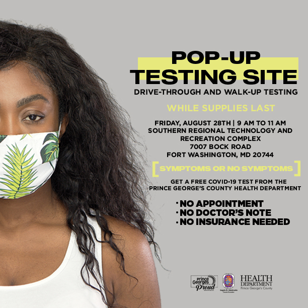 CEXAlsobrooks's tweet photo. Our Health Department will host a pop-up COVID-19 testing site this Friday, August 28 in Fort Washington. See the flier for details. For general info about the County’s testing program, as well as hours and locations of other testing sites, please visit: https://t.co/aO75QixH5o https://t.co/EFjfwrckMc