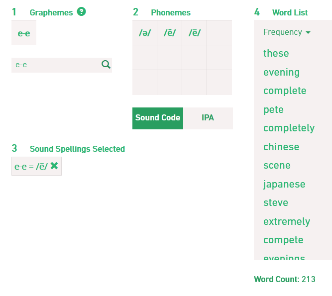 devin_kearns's tweet photo. ok #phinder friends ... here's a #phonics #reading word list for you

Pattern: E-E = /ē/ (long E) 
Word count: 213!

(Fun fact: Phinder words are ordered by frequency by default... "these" is the most frequent E-E = /ē/ word) https://t.co/h8CU1v2aip