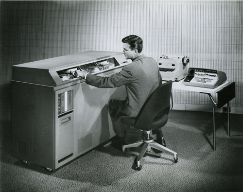 IBM 610, 1957. Sold for $55,000. Only 180 made. Capable of "floating point artithmetic."