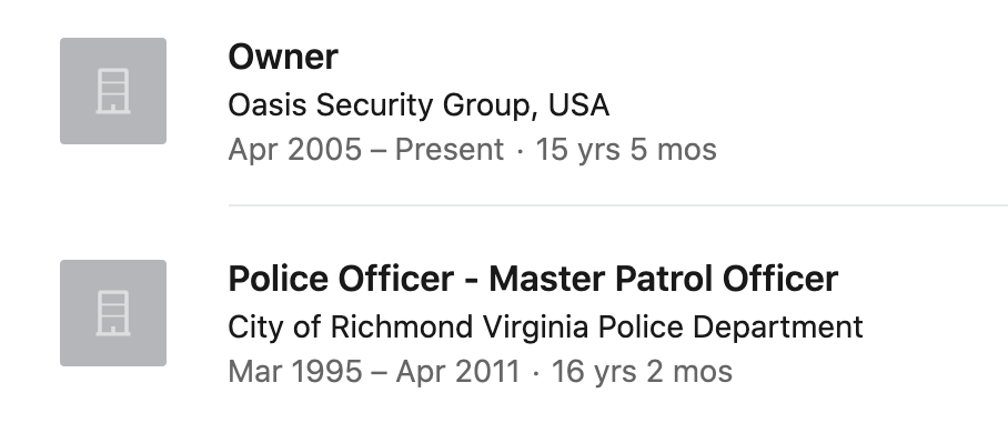 he's been off the force for 9 years, he just likes to use the uniformed picture to steal police brutality valor, i guess(again, jimmy: please contact the virginia SCC to pay the delinquent registration fees for your company!)