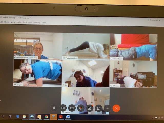 VMulvanaTuohy's tweet photo. As part of the children's physiotherapy webex meeting  staff took a brief moment to break from their screens to complete the plank challenge @YorkTeachingNHS #exerciseoff well done guys great effort! #AHPsActive https://t.co/GiEQNYbnNO