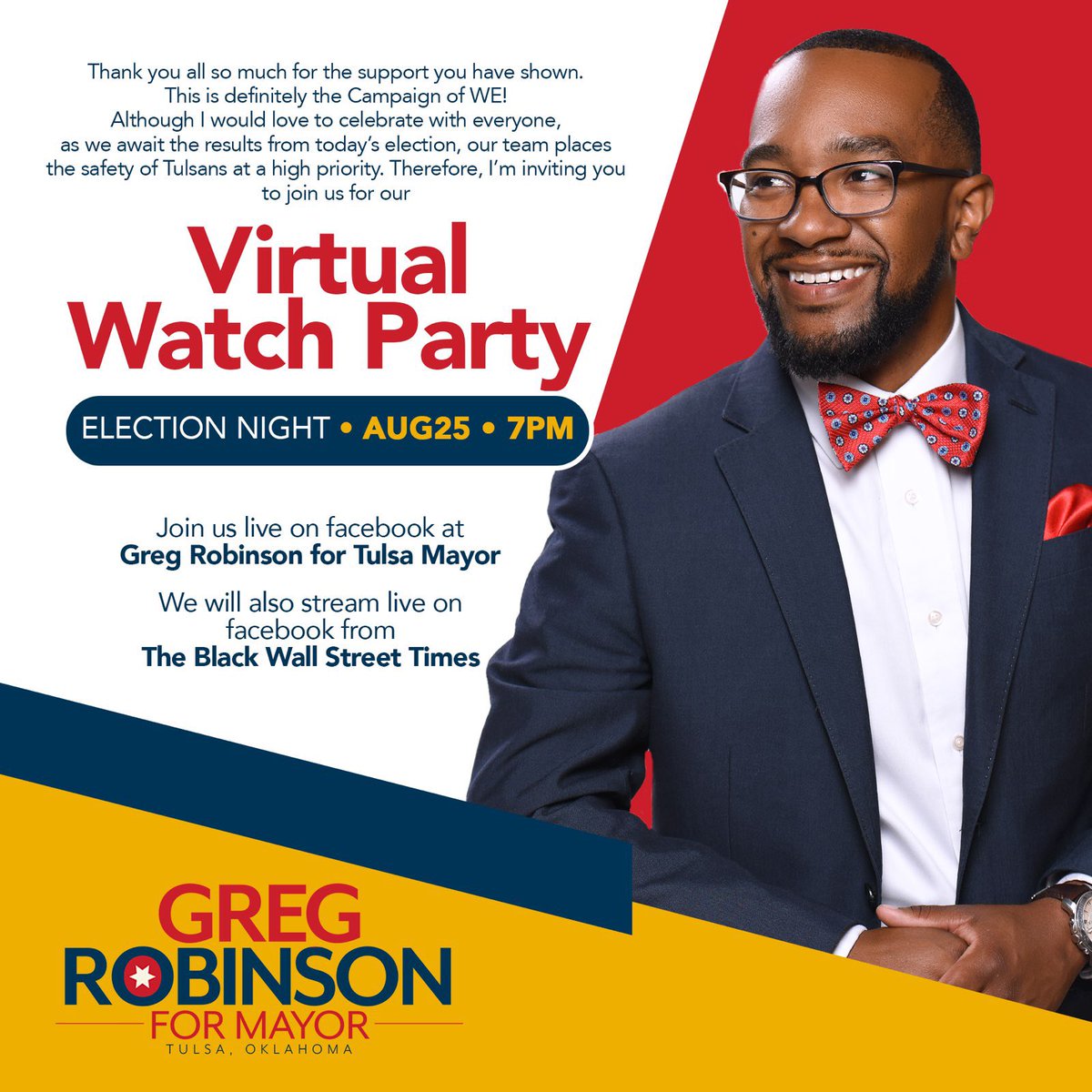We may not all be able to be together in person, but we can celebrate this amazing work as one #TeamGreg family!
Join us LIVE on Facebook (Facebook.com/gregfortulsa) for a virtual watch party starting at 7pm!