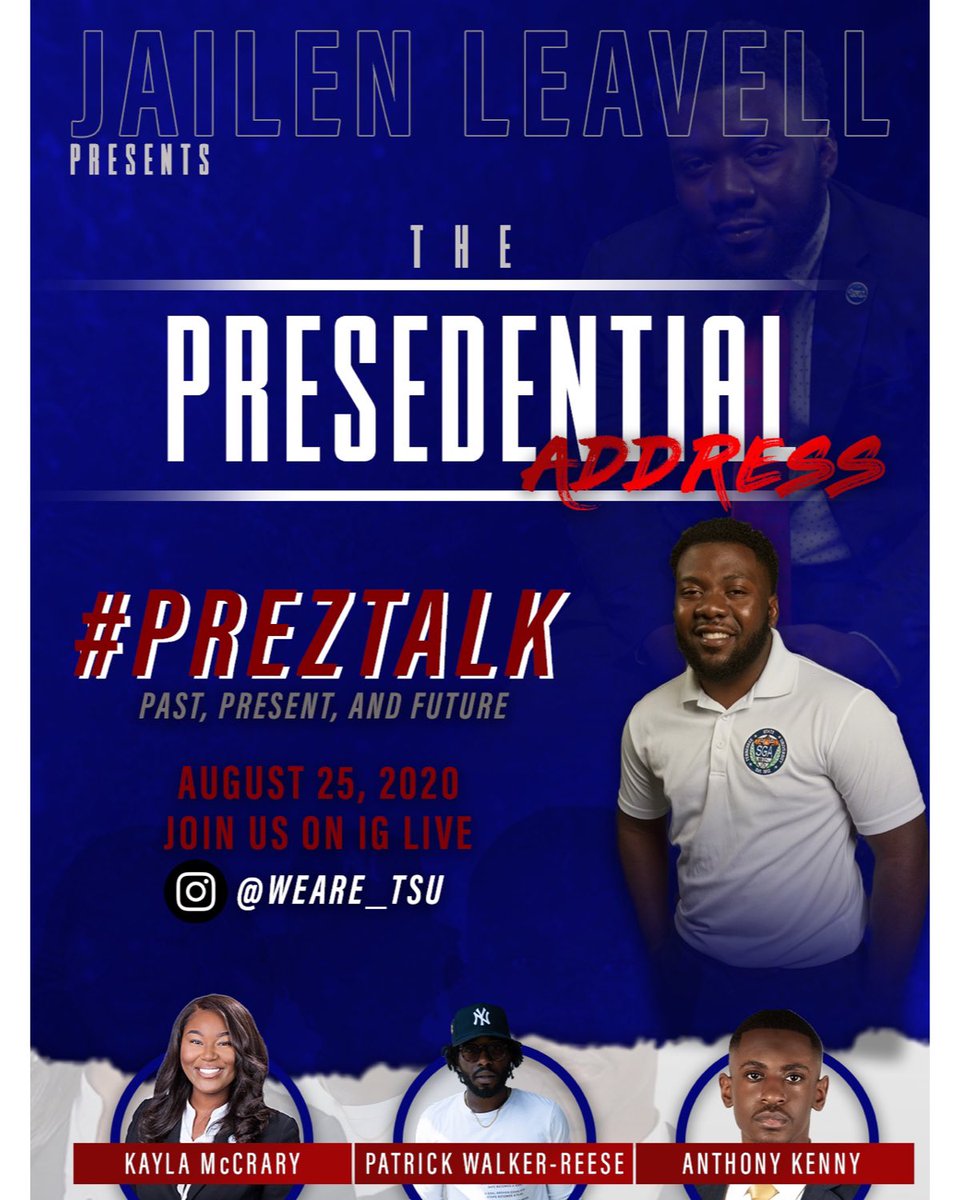 Weare_Tsu's tweet photo. Join us TONIGHT at 6pm‼️The Past, Present, &amp; Future of Tennessee State University meets TONIGHT on IG Live! Tune in for #PREZTALK for a chance at some dope giveaways 🤑 Don’t miss this! #VoteLeavell #NextLeavell #TSU24 #TSU23 #TSU22 #TSU21 #TSU20 https://t.co/2qR81Iq6FV