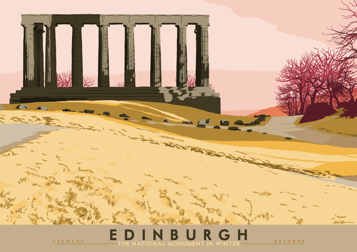 Next we take a trip through Edinburgh, beginning with the artistically-coloured view of the National Monument, know in some parts as Edinburgh's Disgrace.  https://indy-prints.com/collections/landscape-posters/products/edinburgh-national-monument