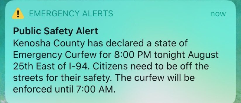 NEW: “Public Safety Alert” sent to all  #Kenosha residents. Police and National Guard are prepping for rioters tonight; curfew set from 8:00PM — 7:00AM.  #Wisconsin