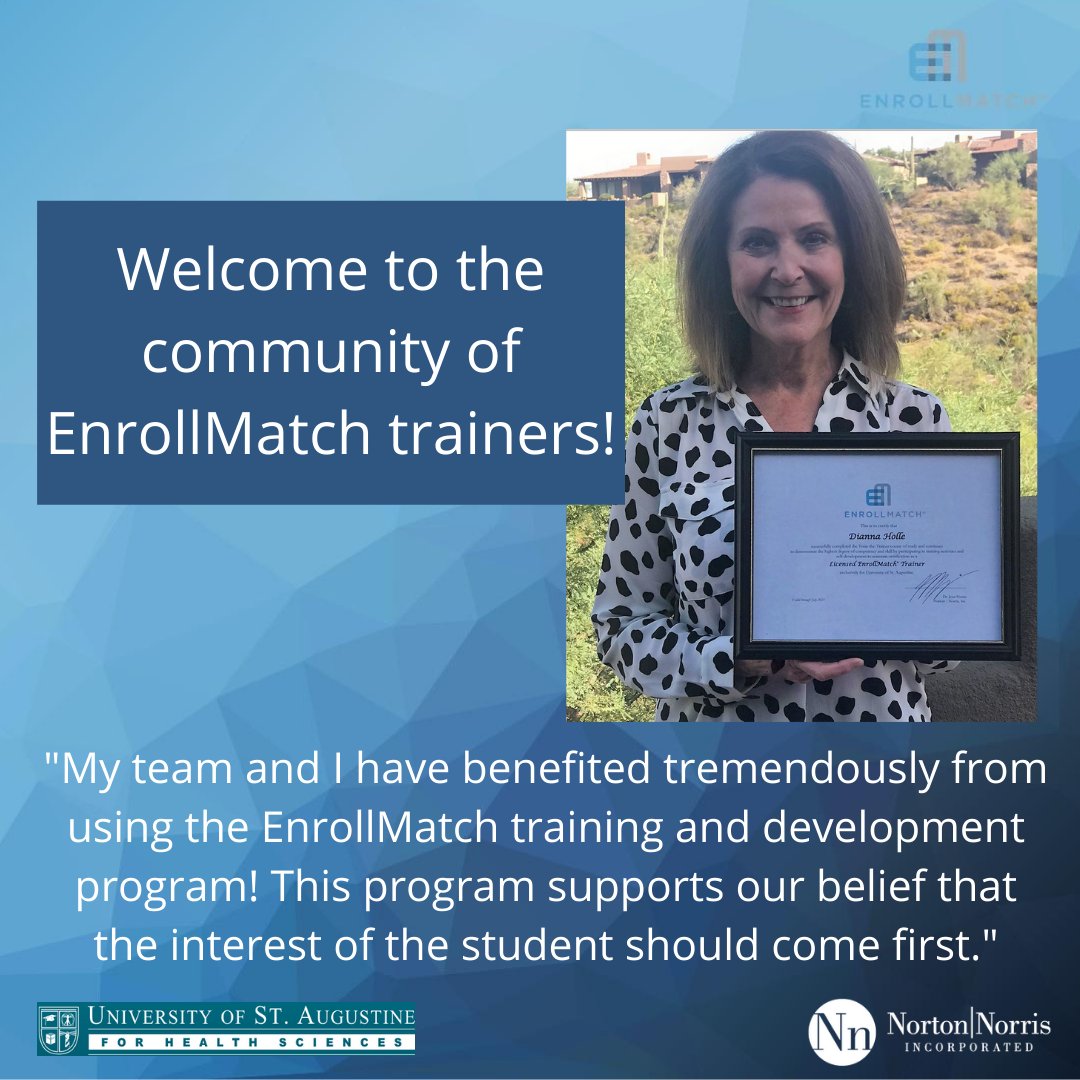 We ❤️ our new trainers!
Welcome to @DiannaHolle, Higher Education Enrollment Manager at the University of St. Augustine for Health Sciences, on becoming an EnrollMatch trainer.  
We look forward to helping your team reach their personal best!

#NortonNorris #EnrollMatch