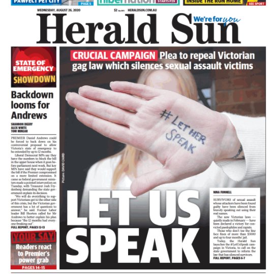 EXCLUSIVE: Victoria has now banned ALL sexual assault survivors from speaking to media under real names in any case where the offender has been found GUILTY. 

The #LetUsSpeak Victoria campaign is launching today.

Read: news.com.au/lifestyle/real…  

Donate: gofundme.com/f/stop-silenci…