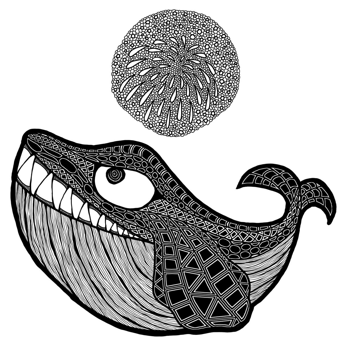 山口太一 V Twitter 久しぶりにイラスト描きました ゼンタングル モノクロアート クジラ 鯨 花火