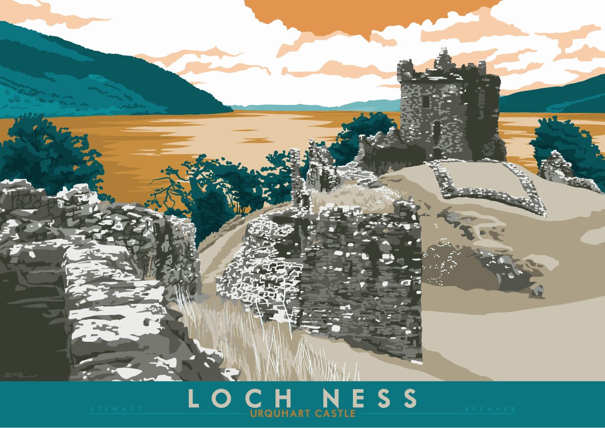 Heading a good deal further north on the A82, we come to the ruins of Urquhart Castle, on the banks of Loch Ness. Artistic version, obvs.  https://indy-prints.com/collections/landscape-posters/products/loch-ness-urquhart-castle