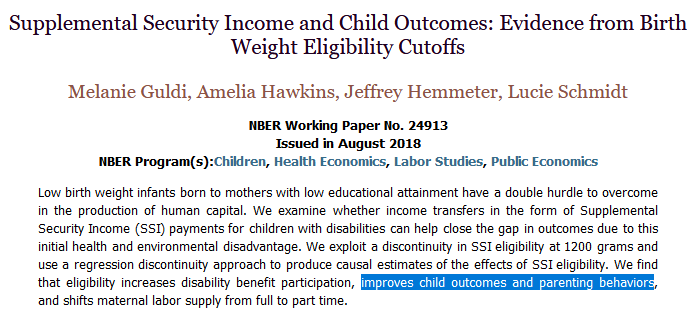 By looking at babies born just under and over the weight line that determines eligibility to receive SSI disability income, it's been observed that cash transfers of around $700/mo (avg in 2020 dollars) improves child outcomes and parenting behaviors. https://www.nber.org/papers/w24913 
