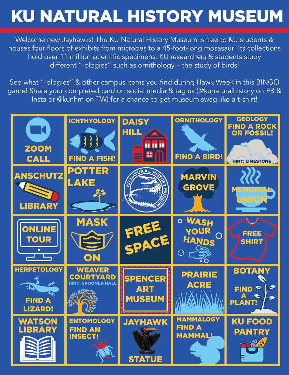 kunhm's tweet image. Hey @NewJayhawks! Play #KUNHM #HawkWeek virtual  Bingo for a chance to win a KU Natural History #Museum shirt! Grab a card on our social media or at the museum's N. door, Dyche Hall. Post your finished card on social &amp;amp; tag us! We'll announce winners Fri. at 10am on FB!  #KU2024