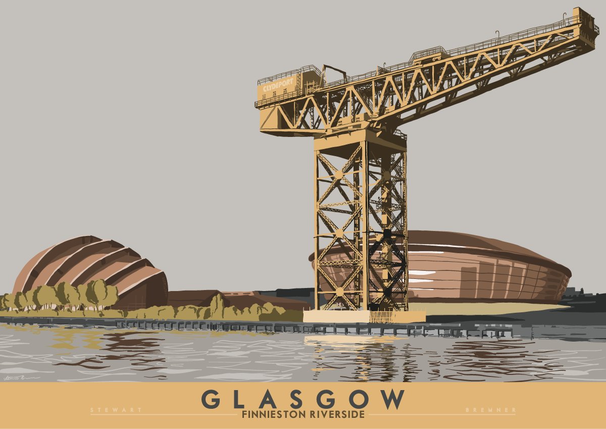 Let's keep heading south, to the dear green place, albeit it's the grey one this time that has never sold as a poster.  https://indy-prints.com/collections/landscape-posters/products/glasgow-finnieston-riverside