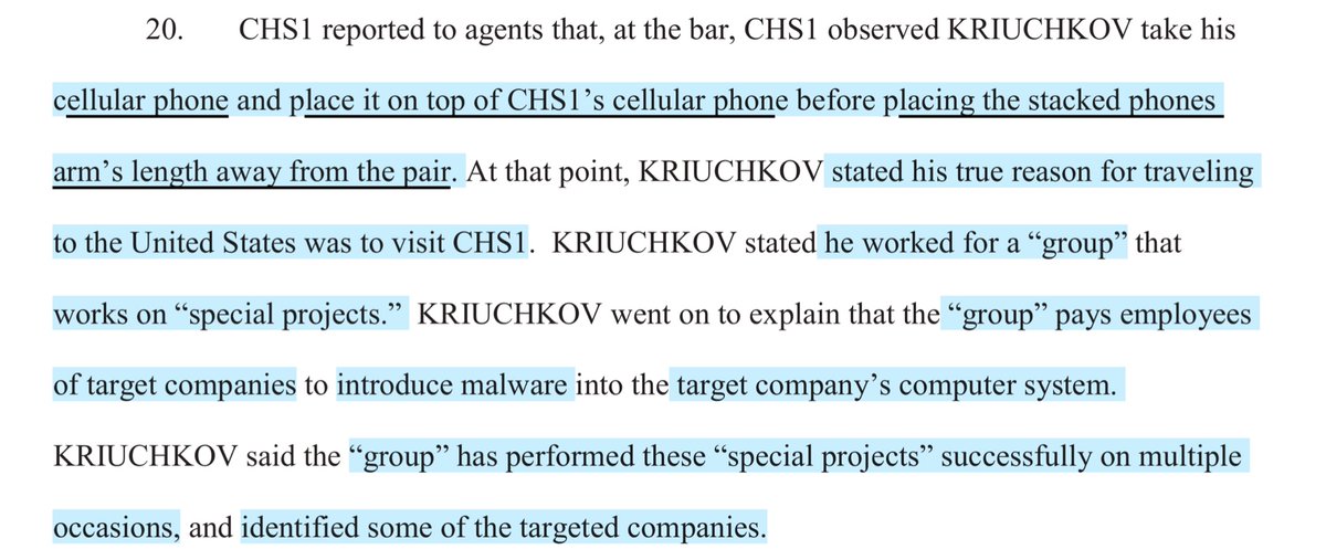 GRU?“CHS1 observed KRIUCHKOV take his cellular phone and place it on top of CHS1’s cellular phone before placing the stacked phones arm’s length away from the pair...true reason for traveling..visit CHS1. KRIUCHKOV stated he worked for a “group” that works on “special projects”