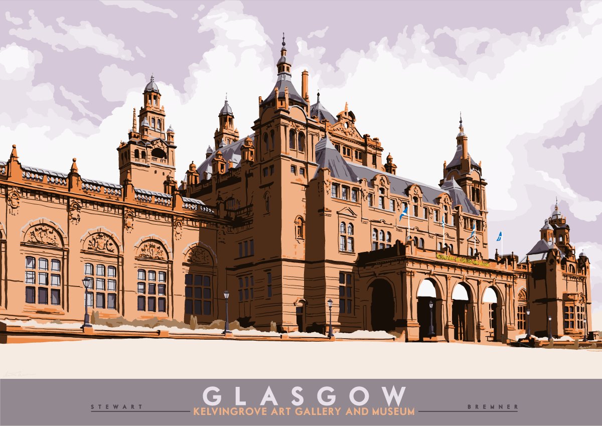 We stay in rain town, for this delightfully washed-out artistic view of Kelvingrove Museum. Nae sales here, man!  https://indy-prints.com/collections/landscape-posters/products/glasgow-kelvingrove-art-gallery-and-museum